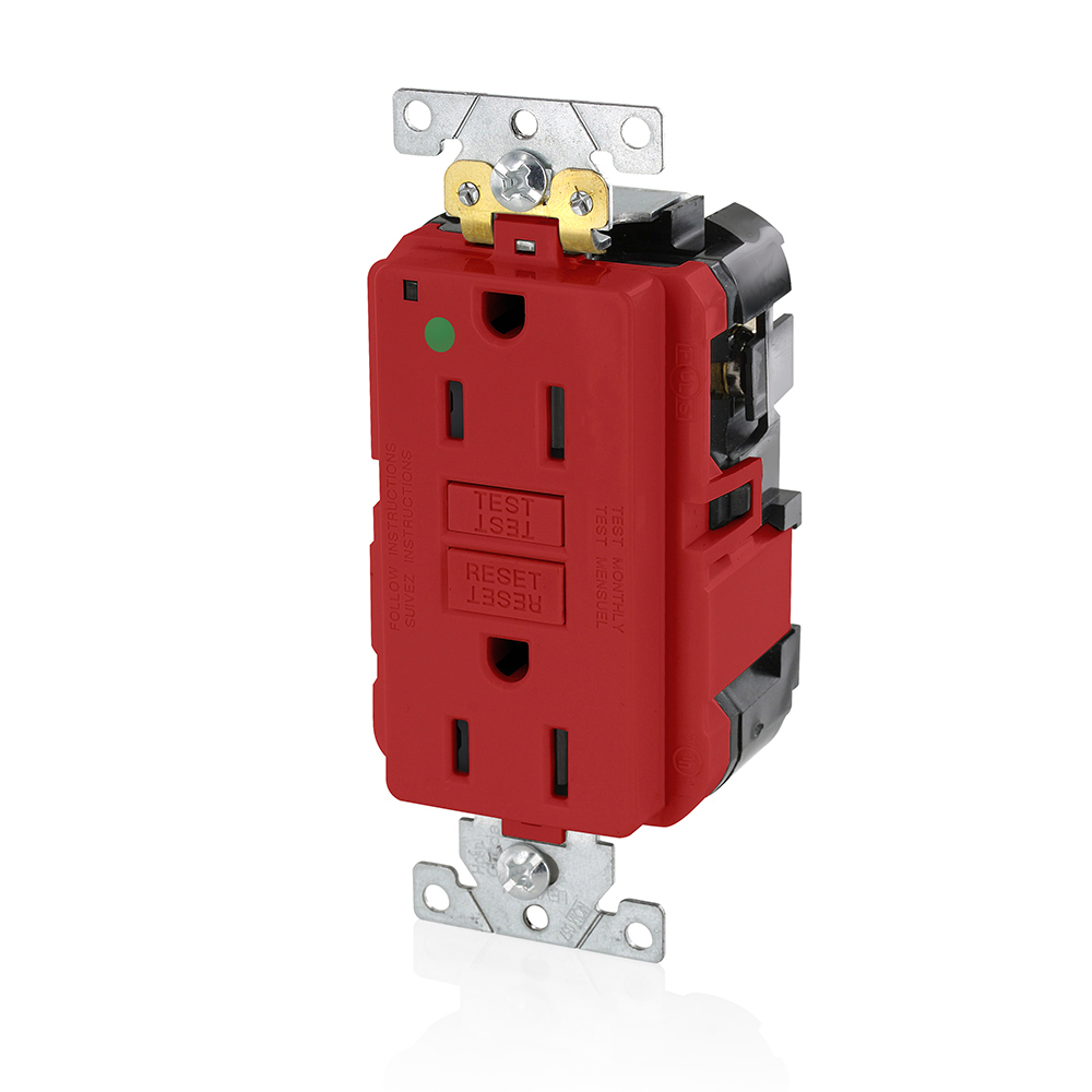 MGFN1-HGR SmartlockPro Slim Duplex Feed Through Self-Test GFCI Receptacle, 125 V AC, 15 A, 2 Poles, 3 Wires, Red
