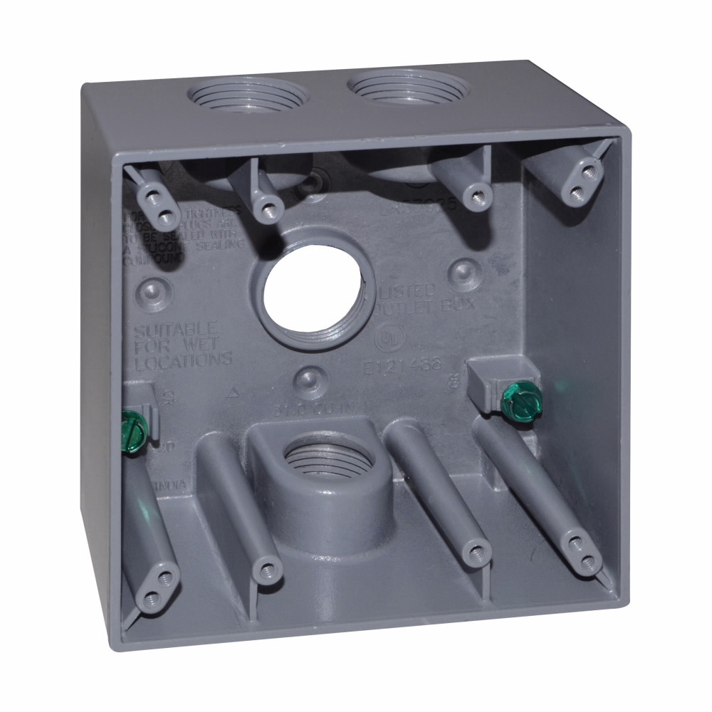 TP7098 Corrosion-Resistant Weatherproof Outlet Box, Die-Cast Aluminum, 30.5 cu-in Capacity, 2 Gangs, 4 Outlets, 4-5/8 in W x 2 in D x 4-9/16 in H