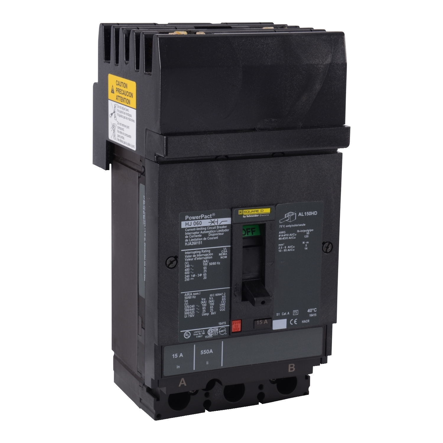 HJA260154 I-Line PowerPact Type HJA Molded Case Circuit Breaker, 600 V AC/250 V DC, 15 A, 100 kA at 240 VAC/65 kA at 480 VAC/25 kA at 600 VAC/20 kA at 250 VDC Interrupt, 2 Poles, Thermal Magnetic Trip