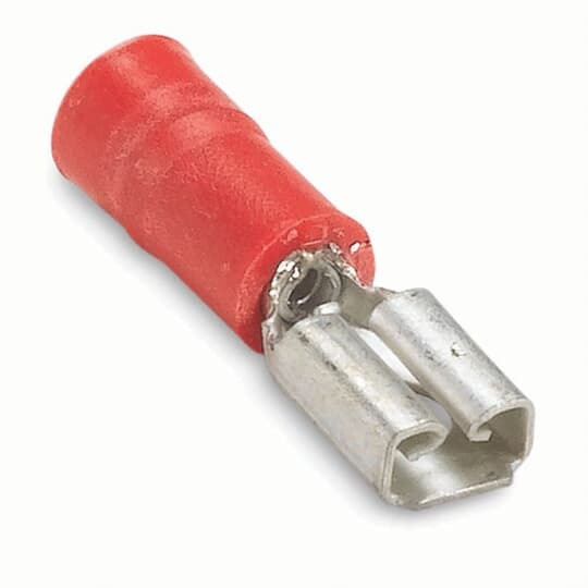 18RAD-183 Sta-Kon 187 Female Disconnect, 22 to 18 AWG Conductor, 0.187 in W x 0.032 in THK Tab, Internal Serration Long Barrel, Brass, Red, Insulated