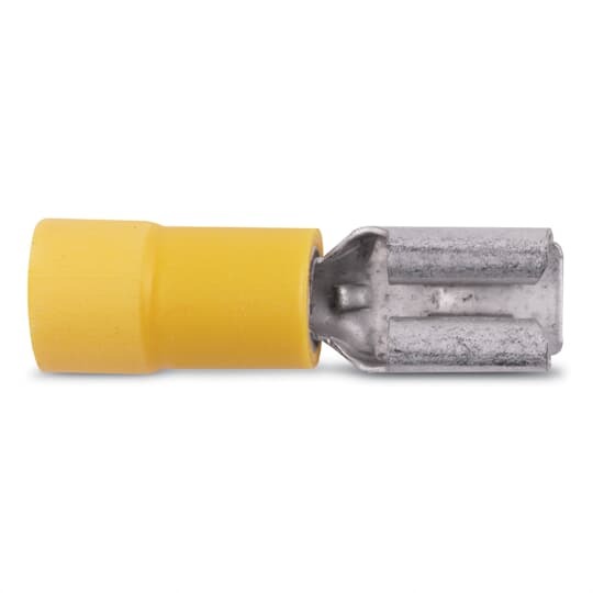 TV10-250FD-XV Catamount Female Disconnect, 12 to 10 AWG Conductor, 0.25 in W x 0.032 in THK Tab, Long Barrel, Brass/Copper, Yellow, Insulated
