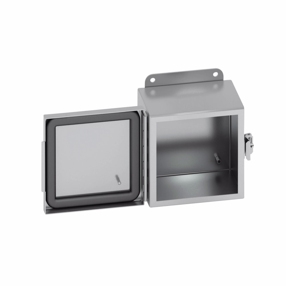 Eaton B-Line series JIC panel enclosure, 12" height, 6" length, 10" width, NEMA 4X, Hinged cover, 4XSS6CHC enclosure, Wall mount, Small single door, External mounting feet, 316 stainless steel, Seamless poured in-place gasket