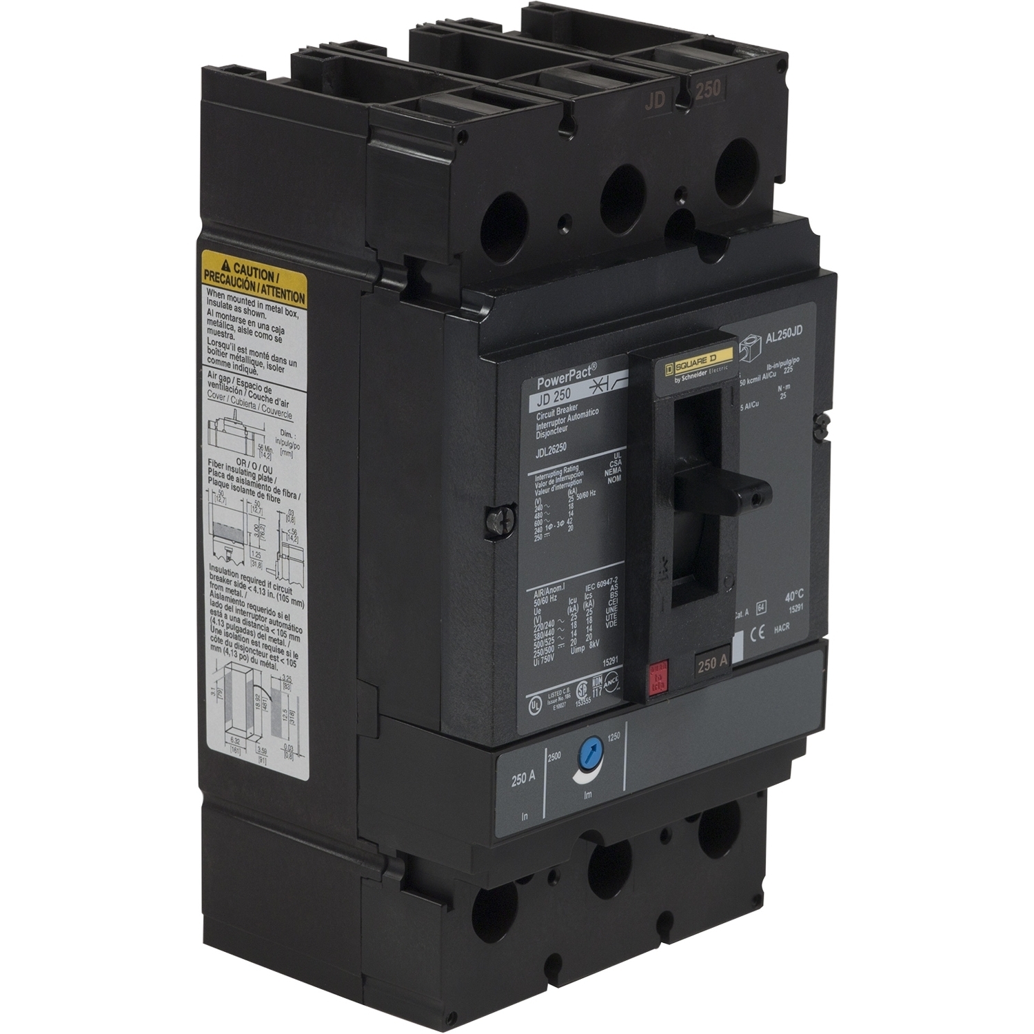 JDL26250 PowerPact Type JDL Molded Case Circuit Breaker, 600 V AC/250 V DC, 250 A, 25 kA at 240 VAC/18 kA at 480 VAC/14 kA at 600 VAC/20 kA at 250VDC Interrupt, 2 Poles, Thermal Magnetic Trip