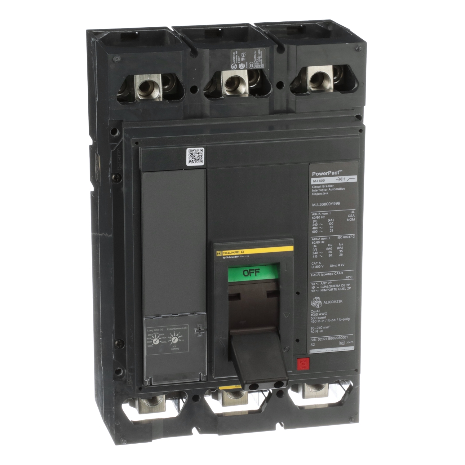 MGP36800E10 PowerPact M Series Circuit Breaker, 600 V AC, 300-800 A, 35 to 60 kA interrupt, 3 poles, Magnetic trip