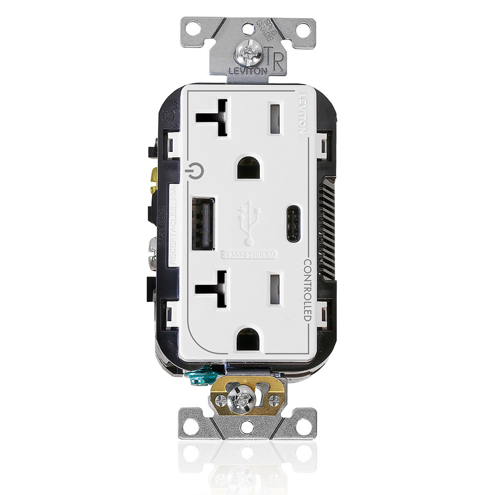 T5833-2W Controlled Combination Duplex Dual Marked Grounding Tamper-Resistant USB Receptacle, 125 V AC, 20 A, 1/2 hp, 2 Poles, 3 Wires, White