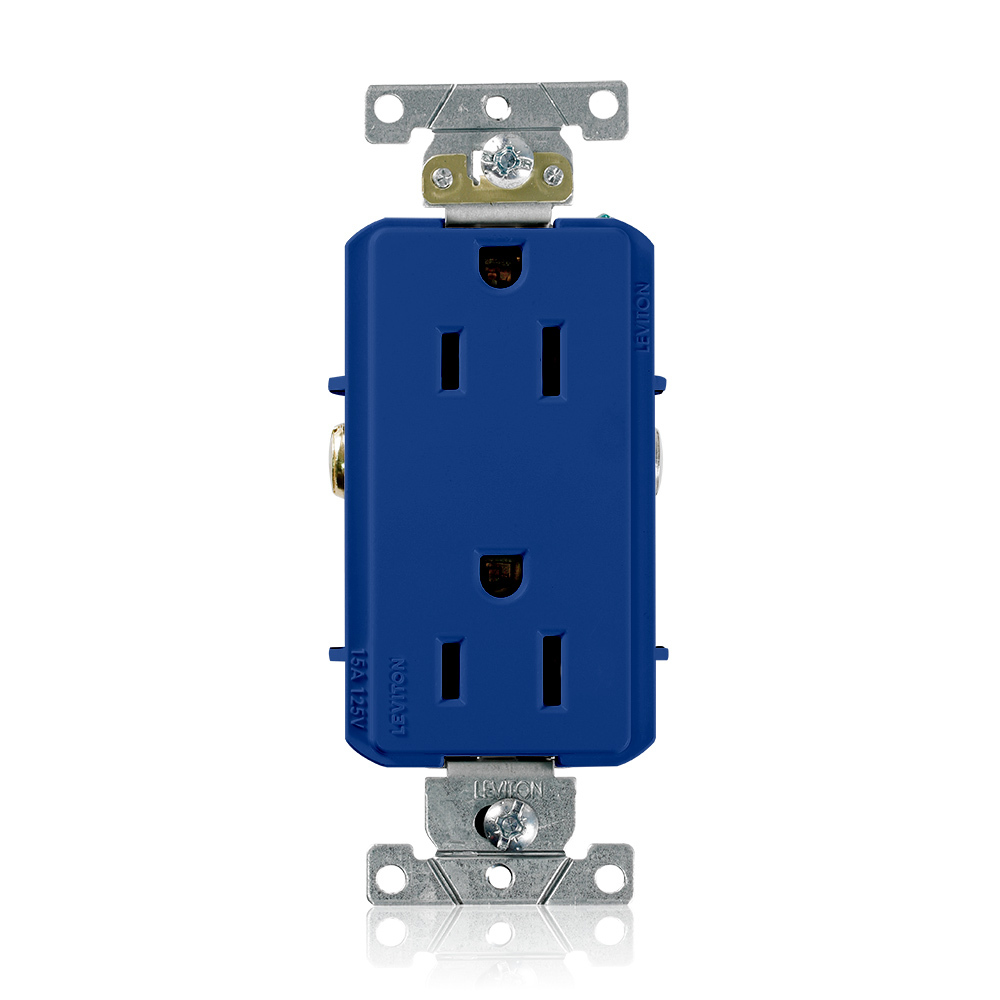 16252-BU Decora Plus Heavy Duty Straight Blade Duplex Receptacle, 125 V AC, 15 A, 2 Poles, 3 Wires, Blue