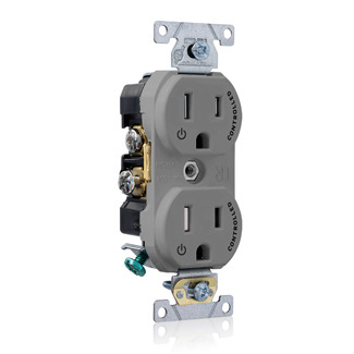 TBR15-S2G Duplex Self-Grounding Tamper Resistant Straight Blade Receptacle With 2 Plug Controlled Marking, 125 V AC, 15 A, 2 Poles, 3 Wires, Gray
