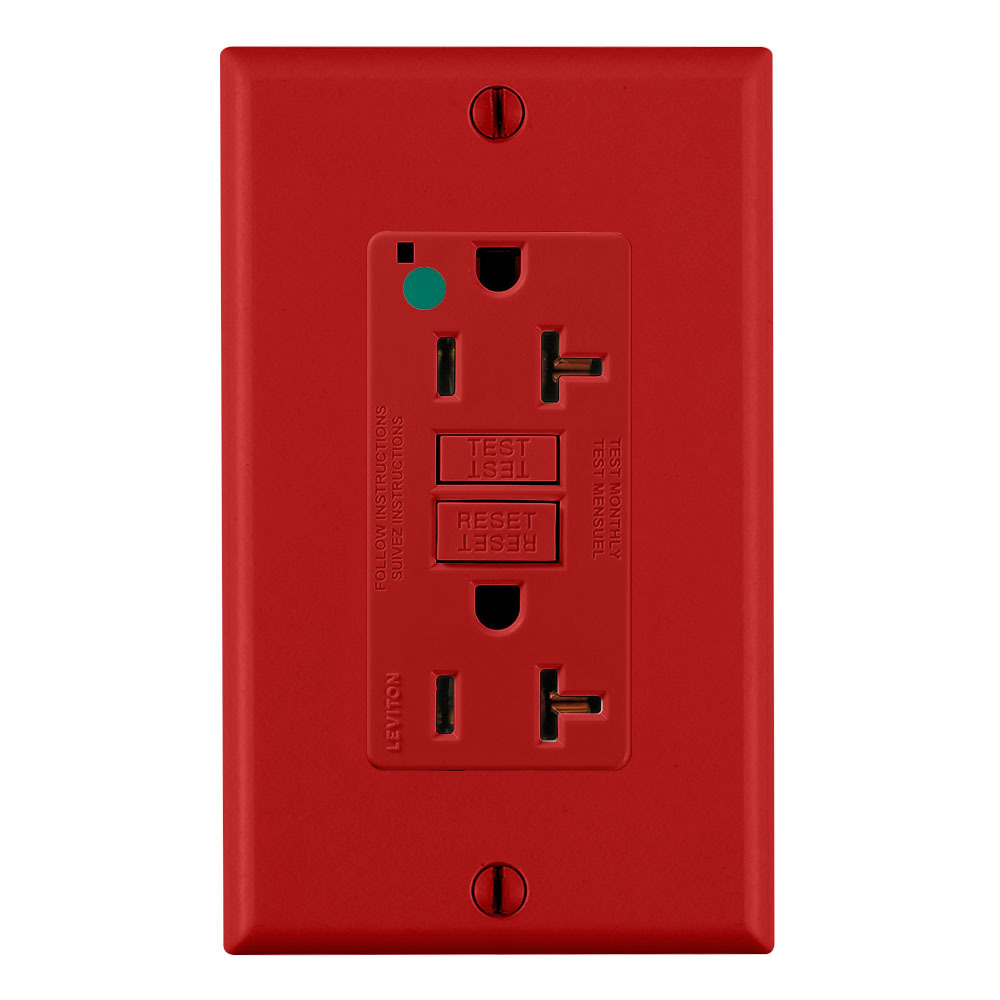 GFNT2-HFR SmartlockPro Slim Self-Test Non-Tamper Resistant GFCI Receptacle With LED Indicator Light, 120 V AC, 20 A, 2 Poles, 3 Wires, Red