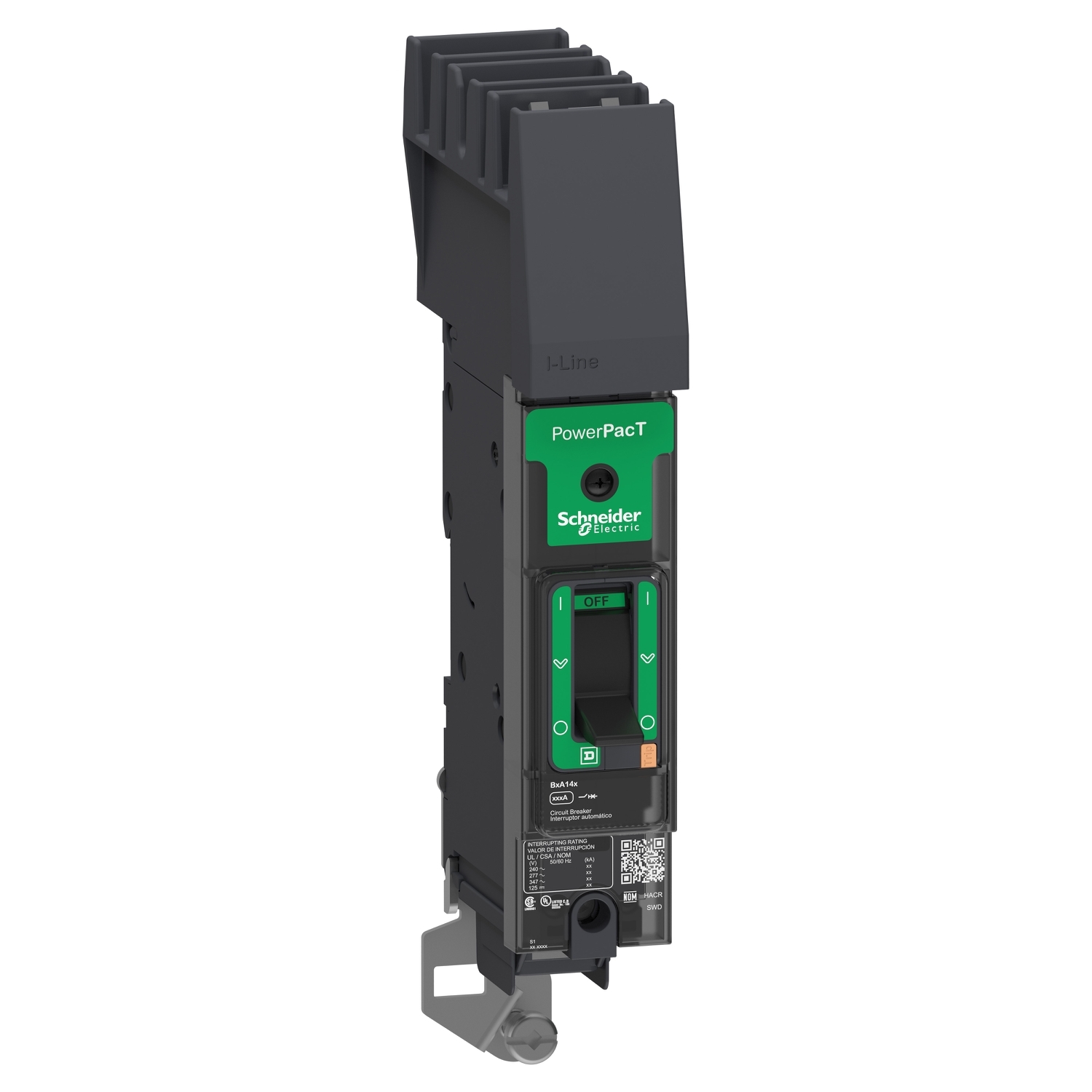 BGA160151 PowerPact I-Line Molded Case Circuit Breaker, 600Y/347 V AC, 15 A, 65 kA at 240 V AC, 35 kA at 480 V AC, 18 kA at 600Y/347 V AC Interrupt, 1 Poles, Thermal Magnetic Trip