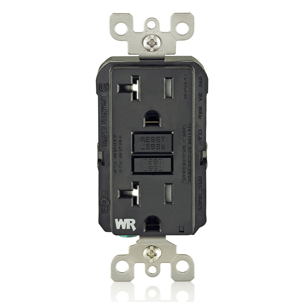 GFWT2-E Duplex Feed Through Self-Test Slim Tamper/Weather Resistant GFCI Receptacle With Black Test, Reset Button, 125 V AC, 20 A, 2 Poles, 3 Wires, Black