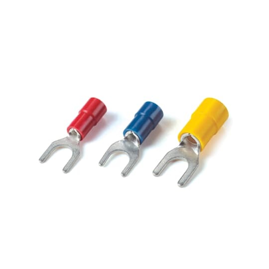 TV10-10F-XV Catamount Fork Terminal, 12 to 10 AWG Conductor, 1.004 in L, Brazed Seam/Funnel Entry/Internal Serration Barrel, Copper, Yellow