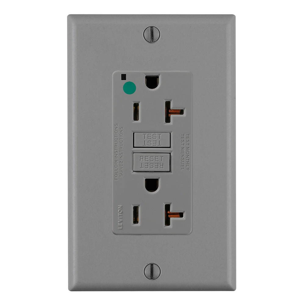 GFNT2-HGG SmartlockPro Slim Duplex Feed Through Non-Tamper Resistant Self-Test GFCI Receptacle, 125 V AC, 20 A, 2 Poles, 3 Wires, Gray