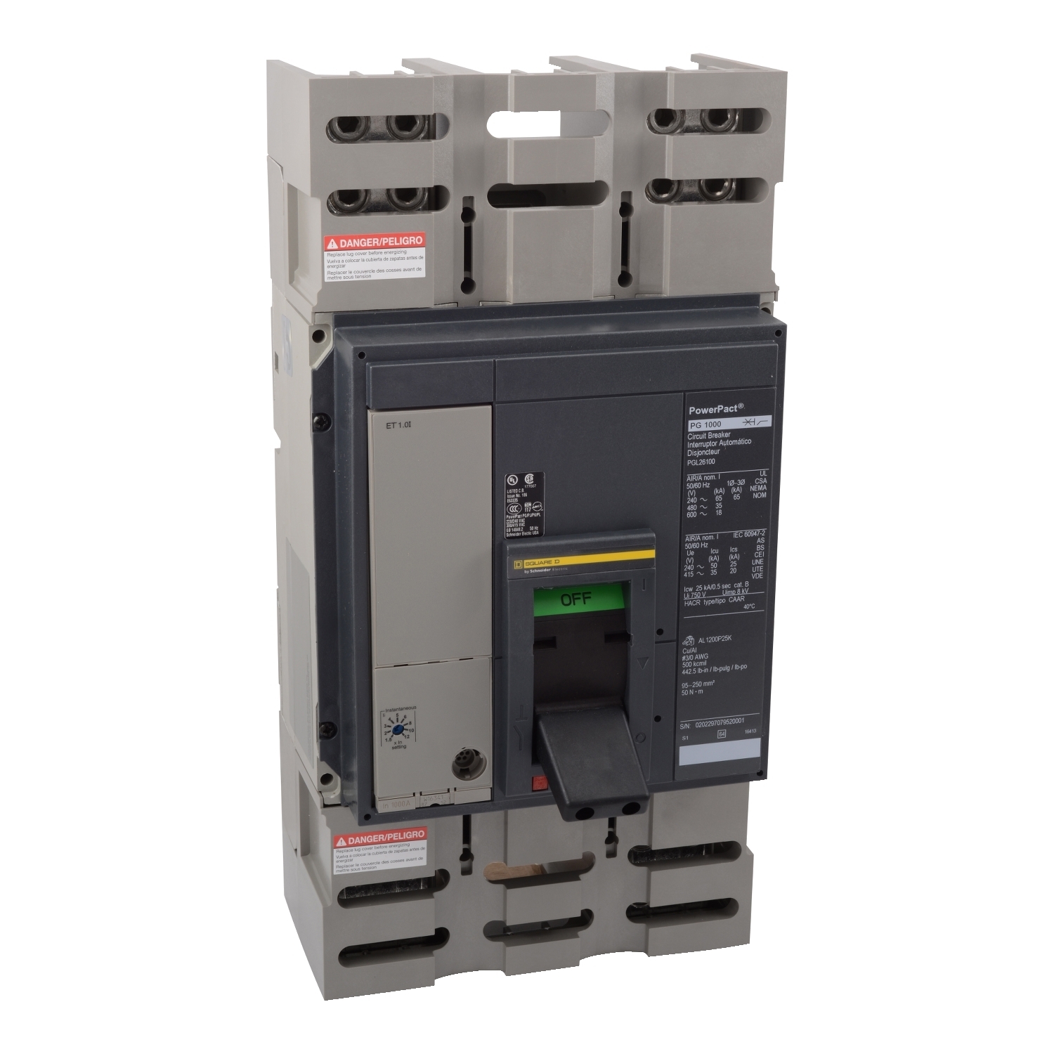 PJL36120CU31A PowerPact MasterPact Type PJL Molded Case Circuit Breaker, 600 V AC, 1200 A, 100 kA at 240 V AC, 65 kA at 480 V AC, 25 kA at 600 V AC Interrupt, 3 Poles, Electronic Trip