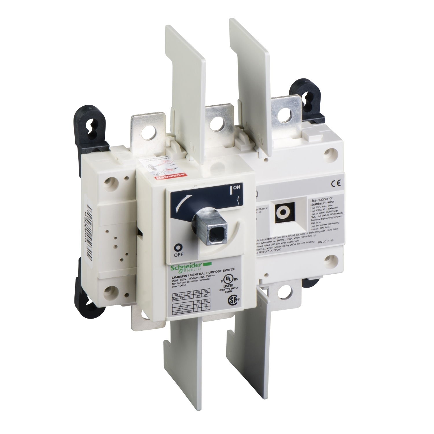 LK4MU3N TeSys Non-Fused Disconnect Switch, 600 V AC, 200 A, 15 hp, 75 hp, 150 hp, 200 hp, 3 Poles