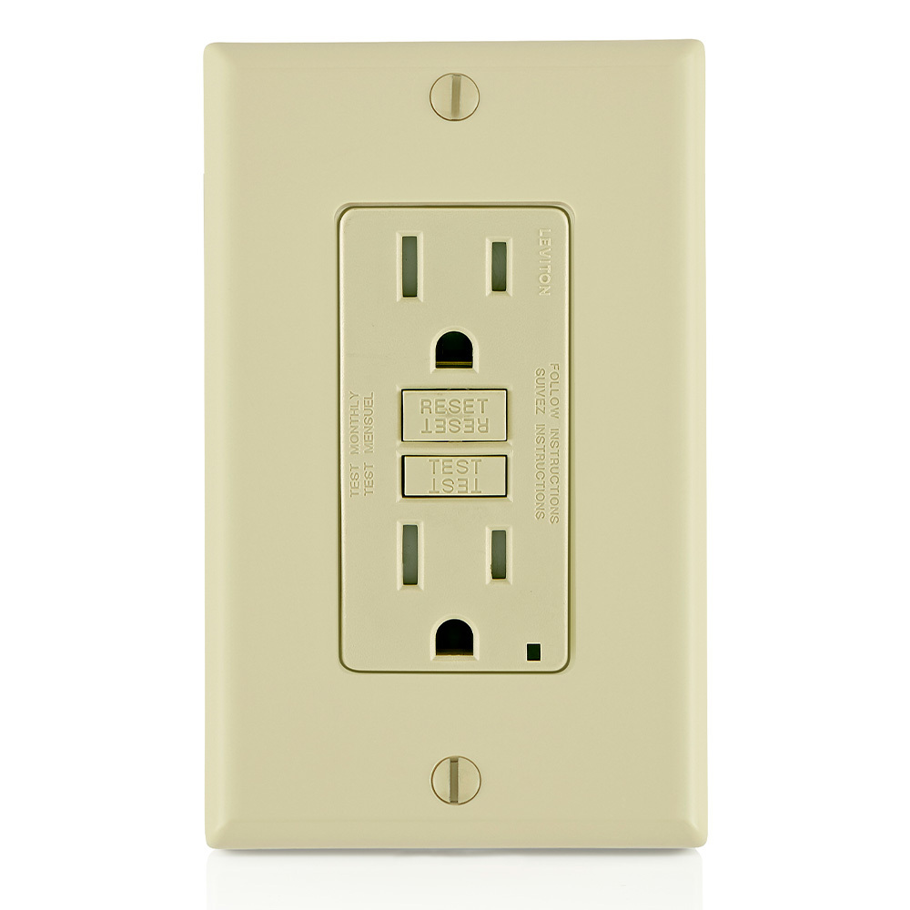 GFTR1-I Duplex Feed Through Self-Test Slim Standard Tamper Resistant GFCI Receptacle With Ivory Test, Reset Button, 125 V AC, 20 A, 2 Poles, 3 Wires, Ivory