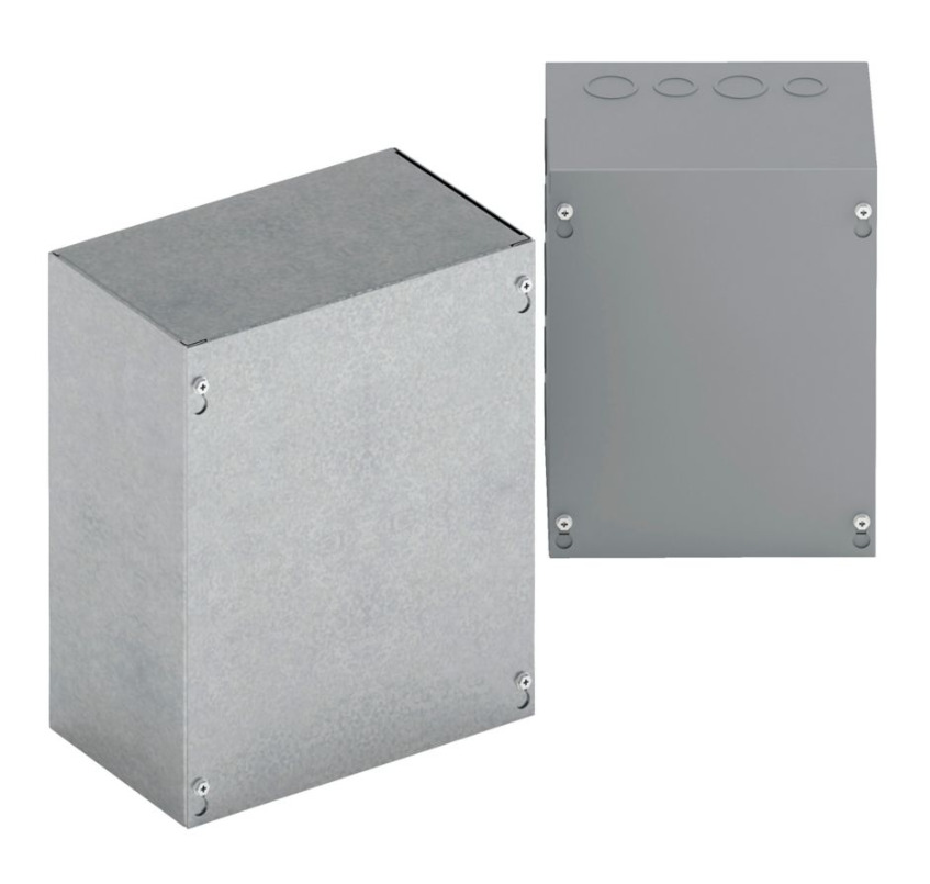 Type 1 junction boxes, 10" height, 4" length, 8" width, NEMA 1, Screw cover, SC NK enclosure, Surface mounted, Small single door, No knockout, Thru holes, Carbon steel