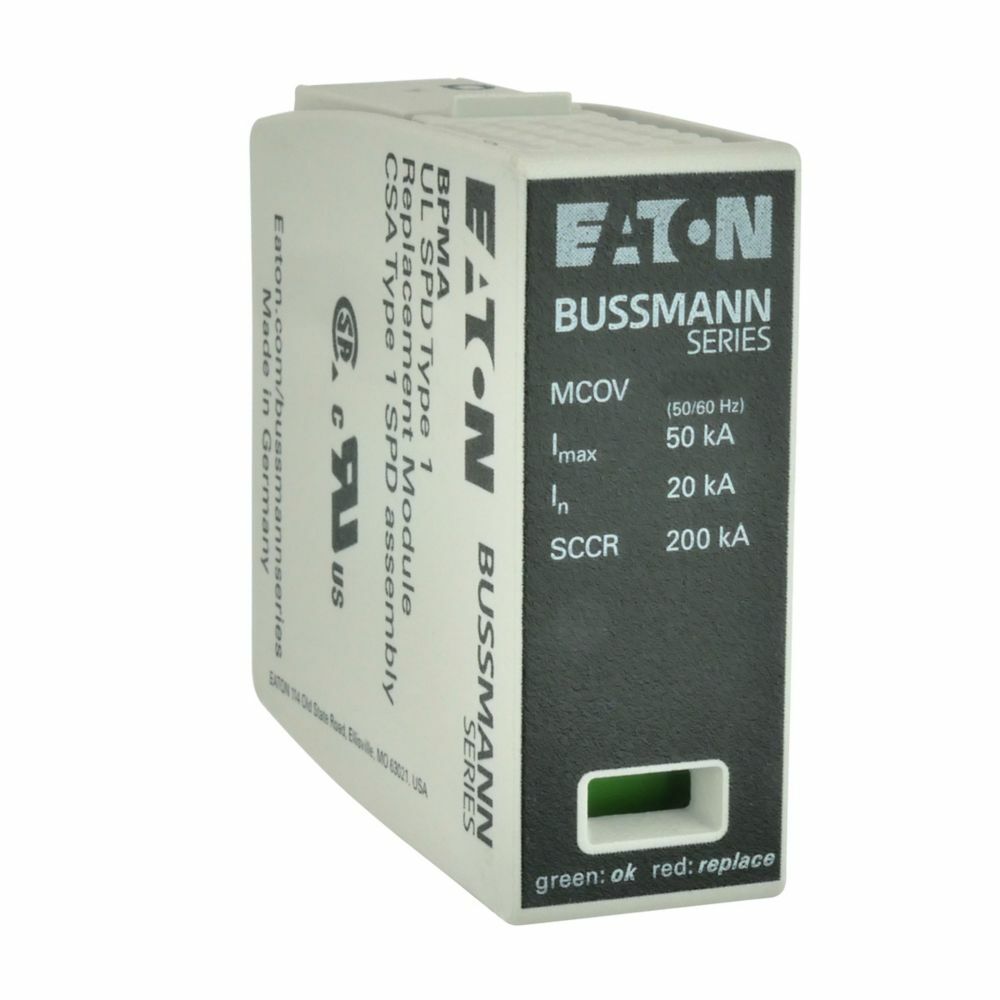 BPMA230UL BPM Series Remote contact Replacement Module, For Use With BSPMA2240S3GR Surge Protective Device, 230 V Operating, 50/60 Hz, 385/770 kA, GL/GG Class, 25 ns Response Time, 35 mm DIN Rail Mount, Thermoplastic
