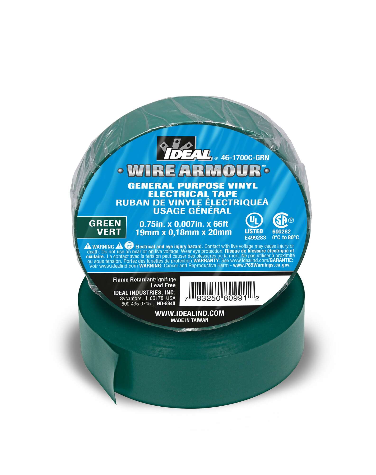 46-1700C-GRN Wire Armour Electrical Tape, 66 ft L x 3/4 in W, 7 mil THK, Vinyl, Rubber Adhesive, Green
