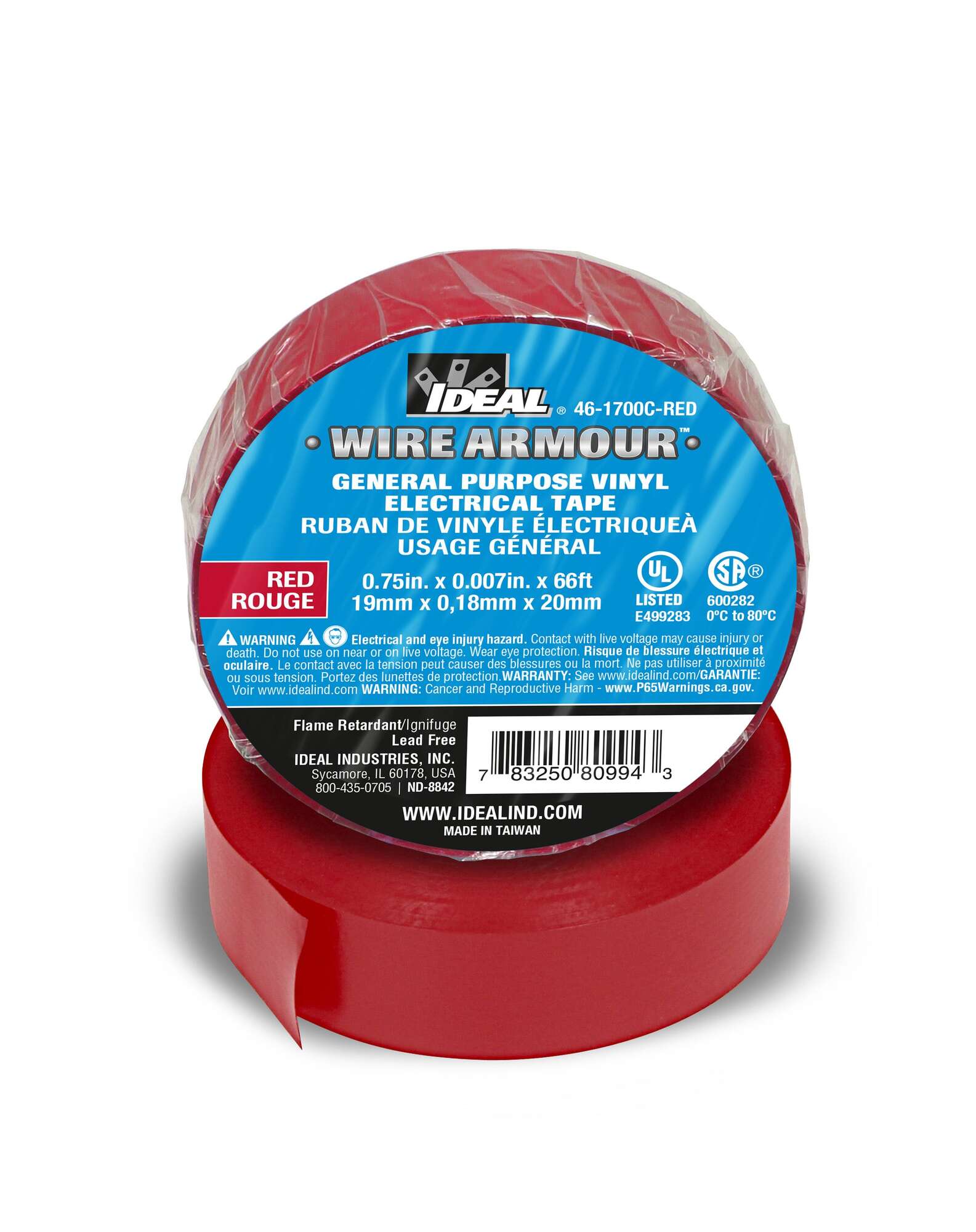 46-1700C-RED Wire Armour Electrical Tape, 66 ft L x 3/4 in W, 7 mil THK, Vinyl, Rubber Adhesive, Red