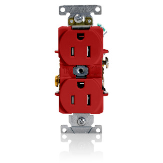 T5262-R Duplex Heavy Duty Self-Grounding Tamper Resistant Straight Blade Receptacle, 125 V AC, 15 A, 2 Poles, 3 Wires, Red