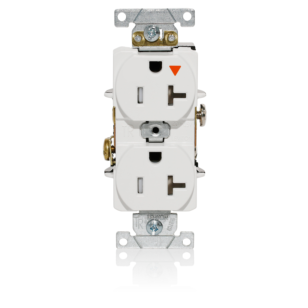 T5362-IGW T5362-IG Duplex Flat Face Heavy Duty Isolated Self-Grounding Standard Tamper-Resistant Straight Blade Receptacle, 125 V AC, 20 A, 2 Poles, 3 Wires, White
