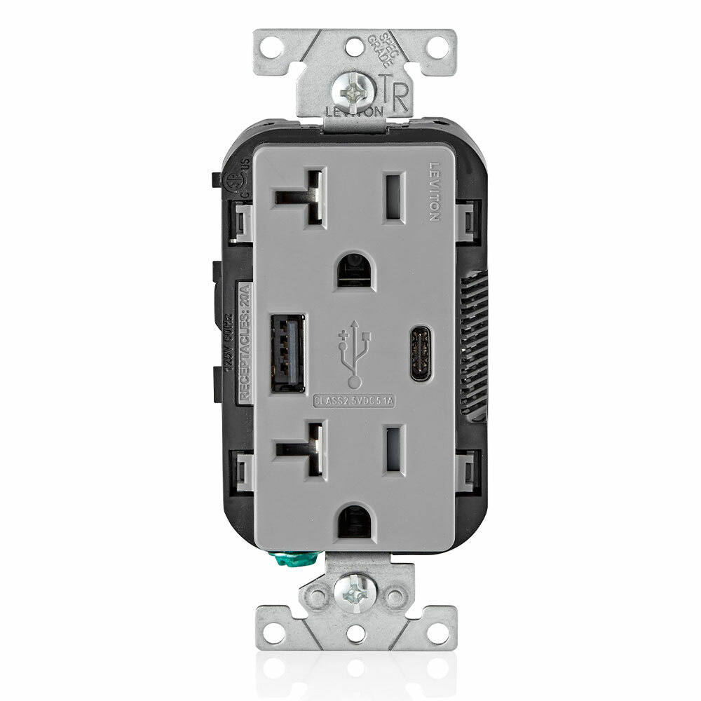T5833-GY Tamper-Resistant Combination USB Charger/Duplex Receptacle, 20 A, 125 V AC, Gray