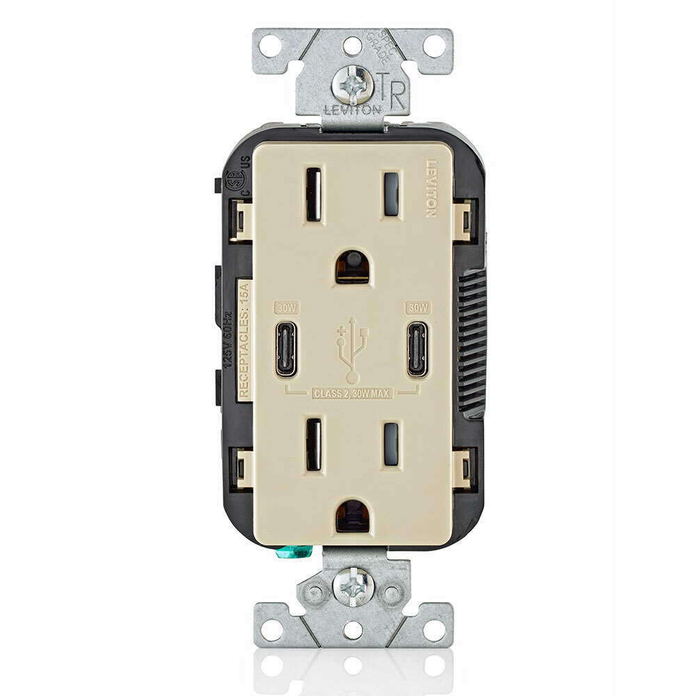 T5635-I Combination Grounding Tamper-Resistant Duplex Receptacle and USB Charger, 125 V AC, 15 A, Ivory
