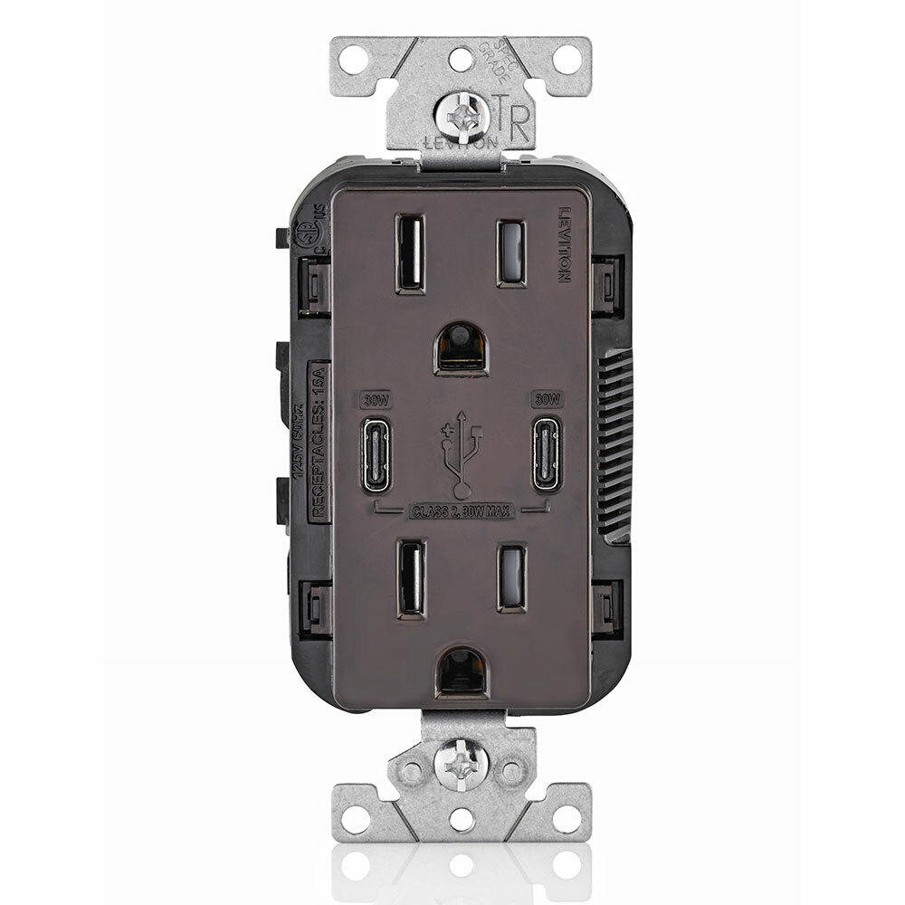T5635-B Combination Grounding Tamper-Resistant Duplex Receptacle and USB Charger, 125 V AC, 15 A, Brown
