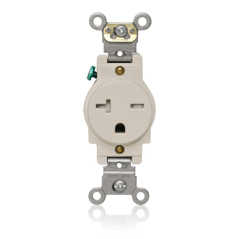 T5461-T T5461 Heavy Duty Self-Grounding Single Smooth Face Standard Straight Blade Receptacle, 250 V AC, 20 A, 2 Poles, 3 Wires, Light Almond