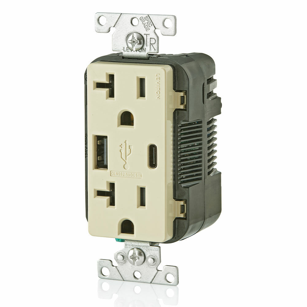 T5833-I Combination Grounding Tamper-Resistant Duplex Receptacle and USB Charger, 125 V AC, 20 A, Ivory