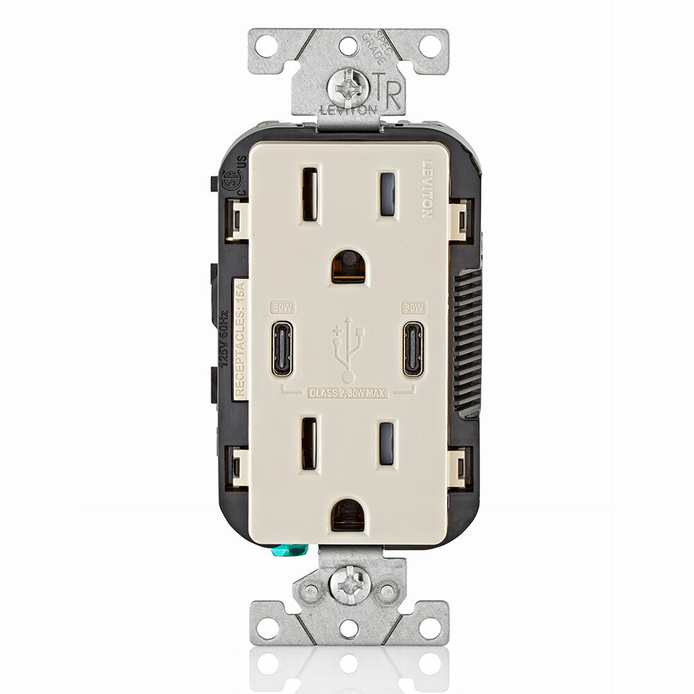 T5635-T Combination Grounding Tamper-Resistant Duplex Receptacle and USB Charger, 125 V AC, 15 A, Light Almond