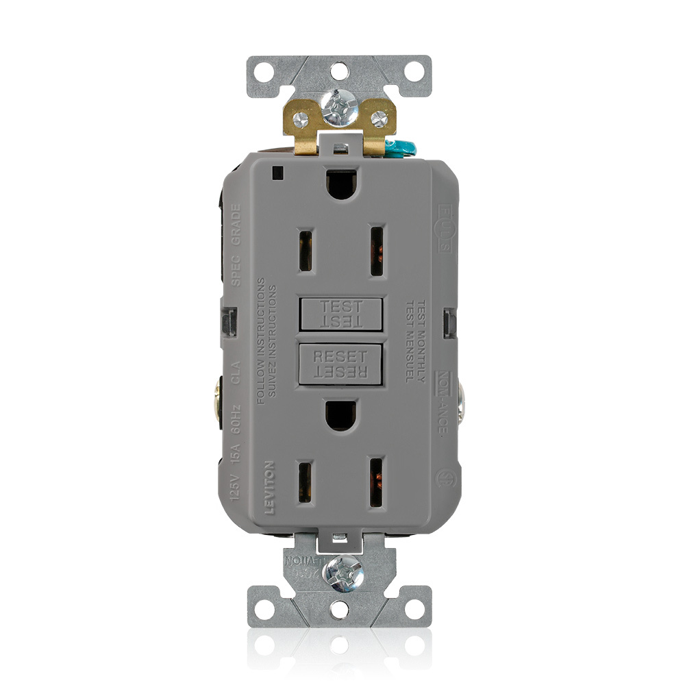 G5262-GY SmartlockPro Duplex Extra Heavy Duty Self-Test Self-Grounding Non-Tamper-Resistant GFCI Receptacle, 125 V AC, 15 A, 2 Poles, 3 Wires, Gray