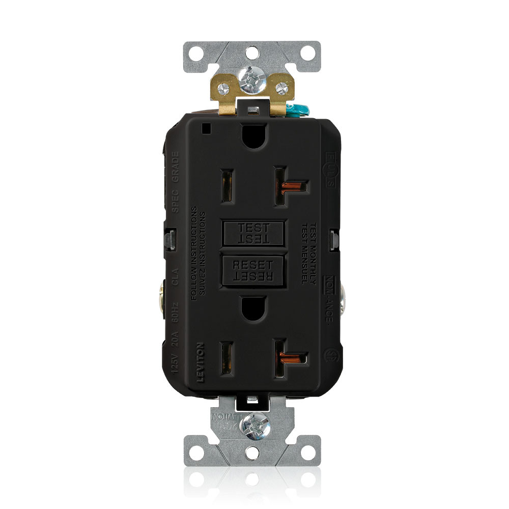 G5362-E SmartlockPro Duplex Extra Heavy Duty Self-Test Self-Grounding Non-Tamper-Resistant GFCI Receptacle, 125 V AC, 20 A, 2 Poles, 3 Wires, Black