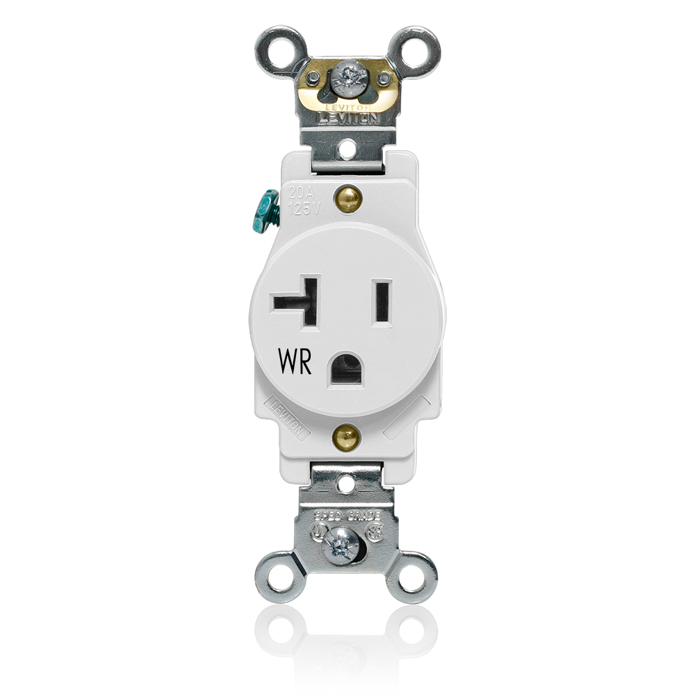 W5361-W Heavy Duty Single Self-Grounding Smooth Face Weather-Resistant Receptacle Outlet, 125 V AC, 20 A, 2 Poles, 3 Wires, White