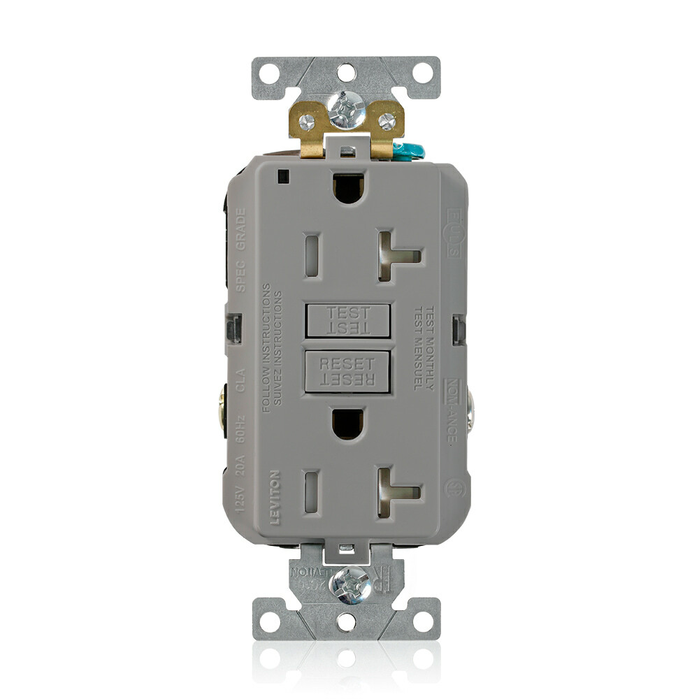G5362-TGY SmartlockPro Duplex Extra Heavy Duty Self-Test Self-Grounding Tamper-Resistant GFCI Receptacle, 125 V AC, 20 A, 2 Poles, 3 Wires, Gray