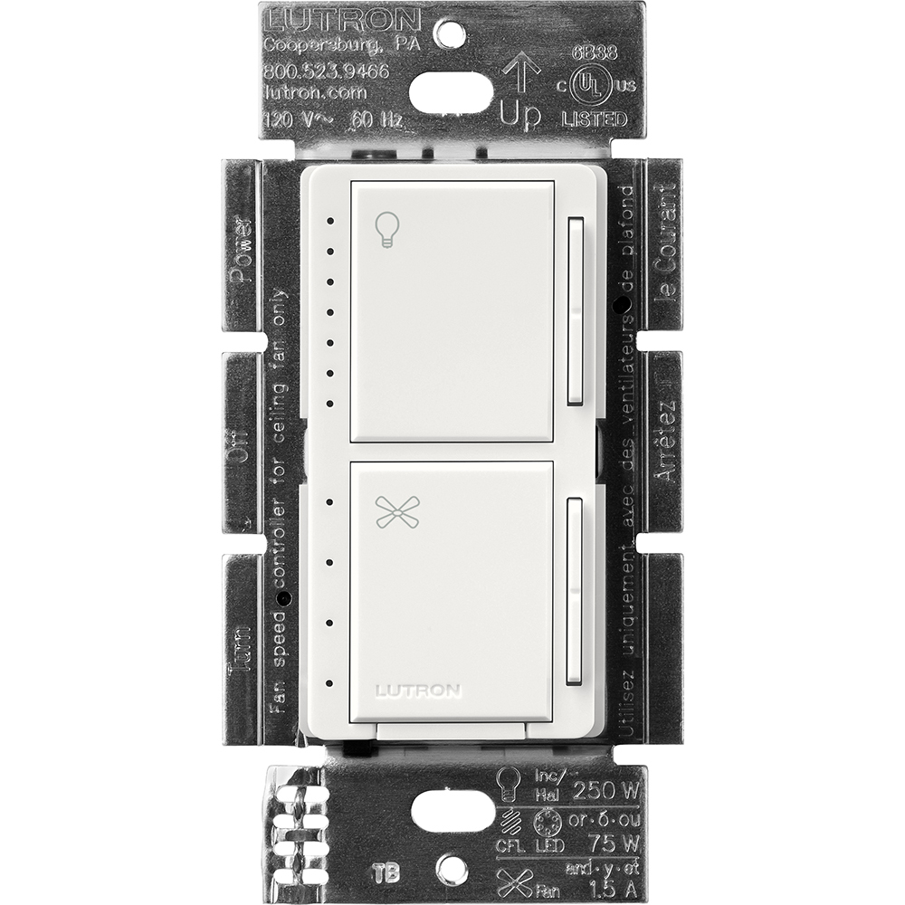 MACL-LFQ-WH Maestro Dual LED+ Dimmer and 4-Speed Fan Control, No Neutral Required, 1.5 Amp Fan, 75W LED Light, 120V, 1 Pole, White
