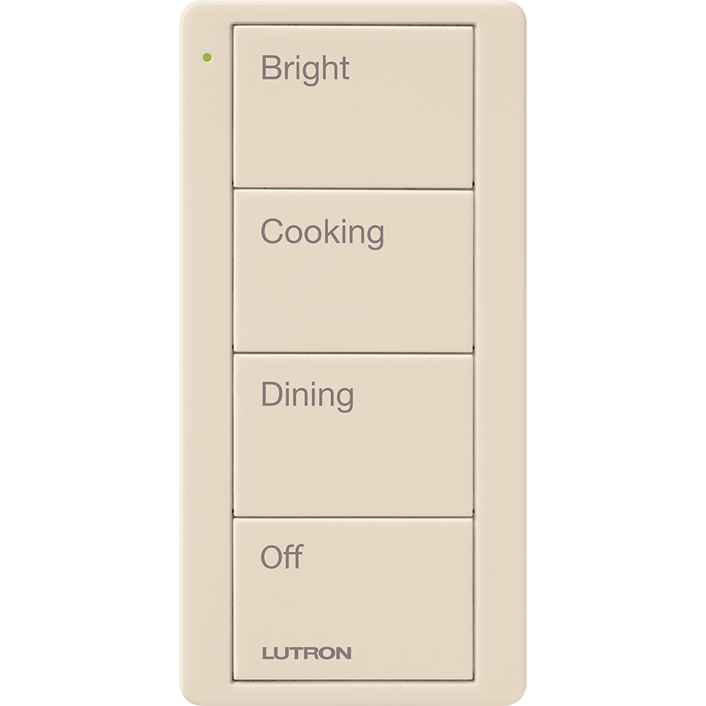 PJ2-4B-GLA-P02 4-Button Scene Keypad Pico Smart Remote with Kitchen Text Engraving, Light Almond
