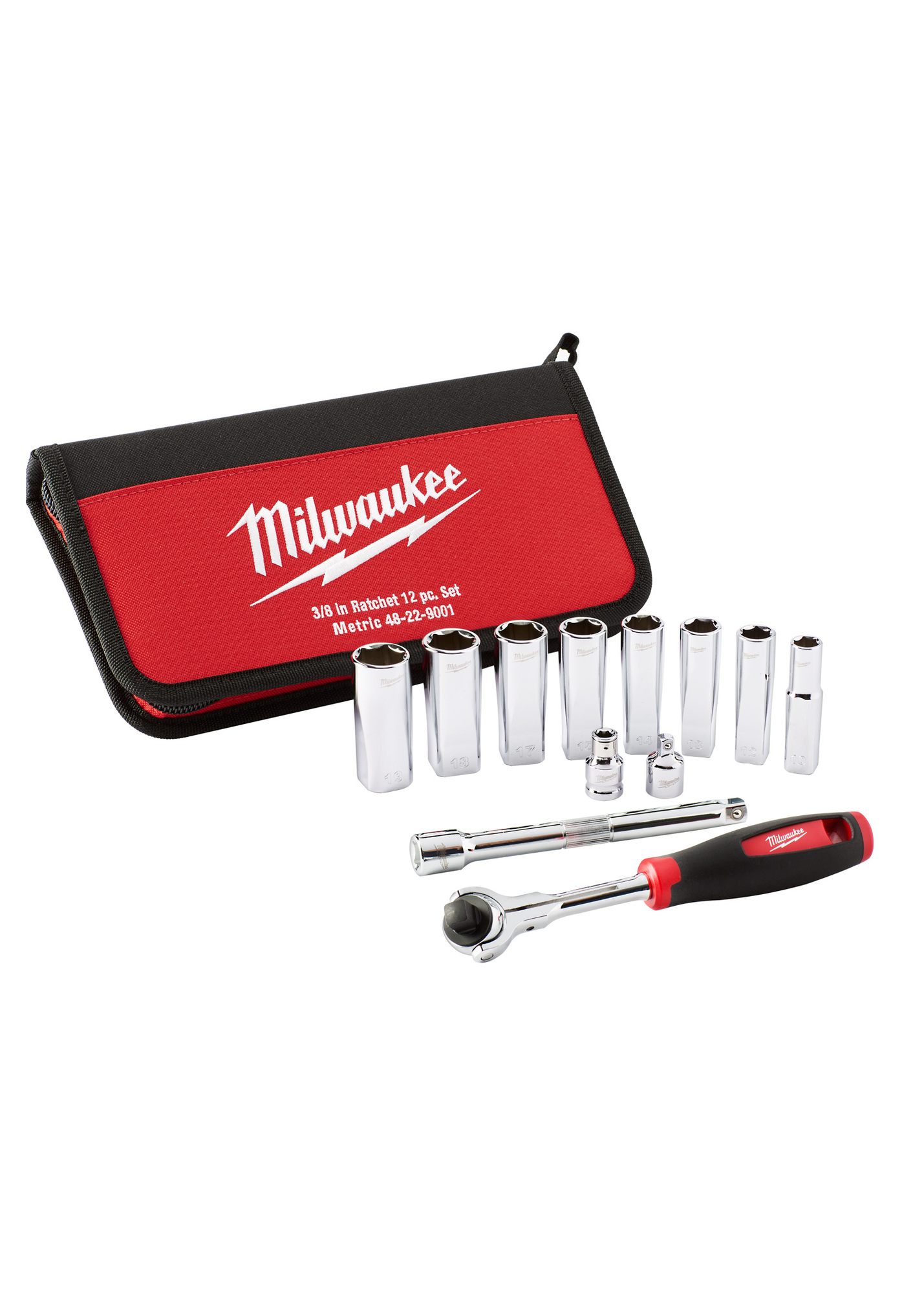 48-22-9001 Socket Set, 3/8 in Drive, 12 Pieces, Included Socket Size: Yes