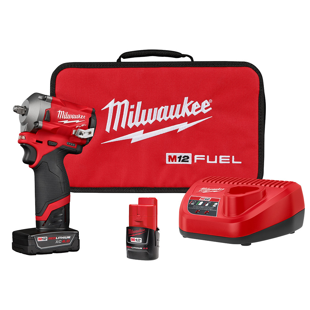 2554-22 M12 Stubby Cordless Impact Wrench Kit, 3/8 in Straight Drive, 3200 bpm, 250 ft-lb Torque, 12 V DC, 4.8 in OAL