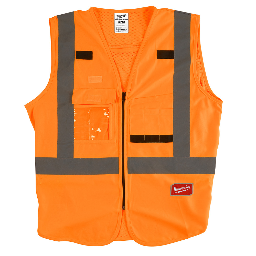 48-73-5031 Safety Vest, S/M, Hi-Viz Orange, Polyester, Hook and Loop/Secure Zipper Closure, 10 Pockets, ANSI Class: Class 2, ANSI/ISEA 107-15 Type R