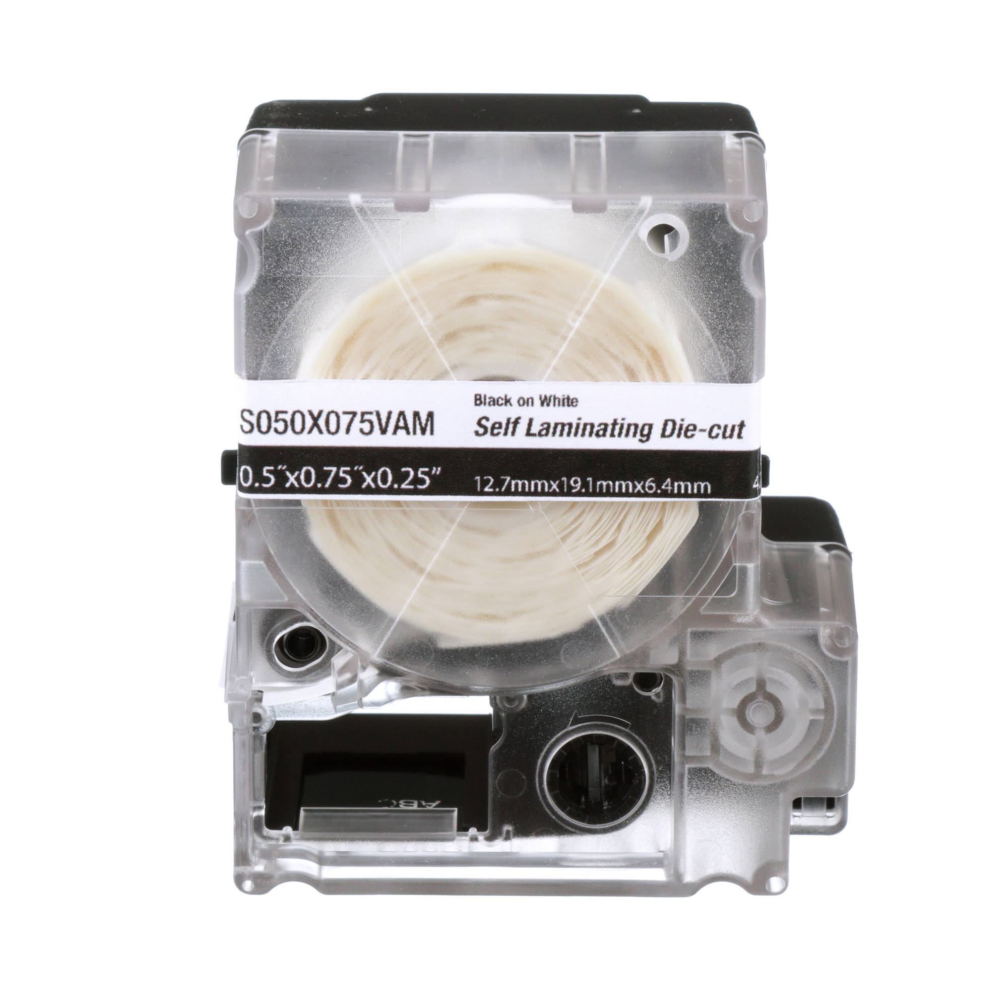 S050X125VAM Self-Laminating Label Cassette, 2.95 in L x 2.53 in W, For Use With MP100 and MP300 Mobile Printers, Vinyl, Clear/White