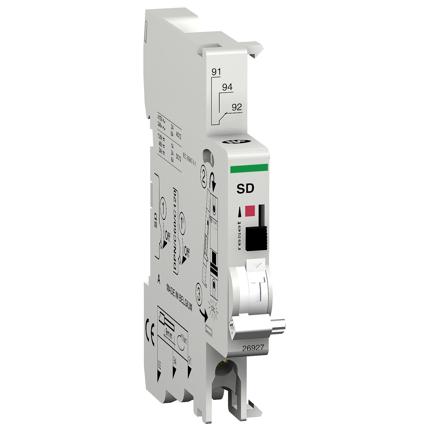 M9A26927 Auxiliary Contact, 240 to 415 VAC/24 to 130 VDC, 3/6 A, 1 Contacts, For Use With Multi 9 GFP, C60bP, C60bPR, C60SP, C60H-DC Miniature Circuit Breaker, Clamp Terminal Connection
