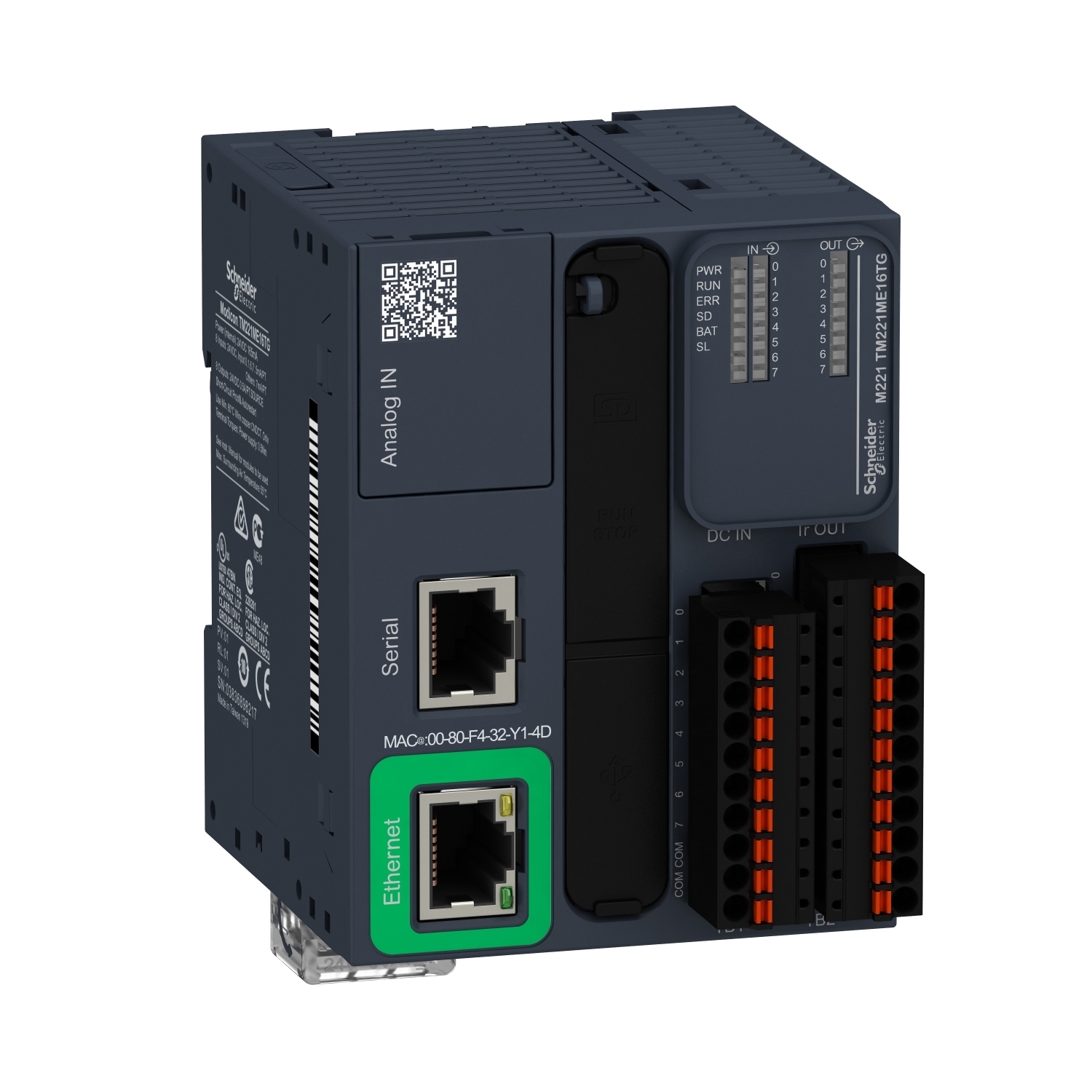 TM221ME16TG Modicon M221 Logic Controller With Realtime Clock, 24 V DC, 7 mA Discrete Input/5 mA Fast Input, 8 Discrete/4 Fast/2 Analog Inputs, 8 Transistor/2 Fast Outputs