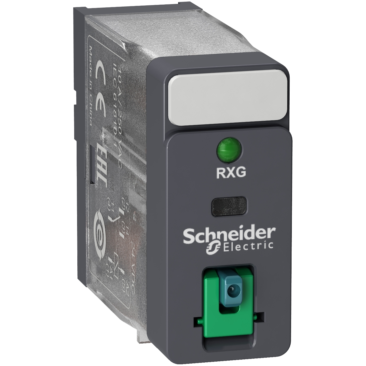 RXG12BD Zelio Interface Plug-In Relay With Test Button and Lock-Down Door, 10 A, 1CO 1 Form C SPDT Contact, 24 VDC V Coil