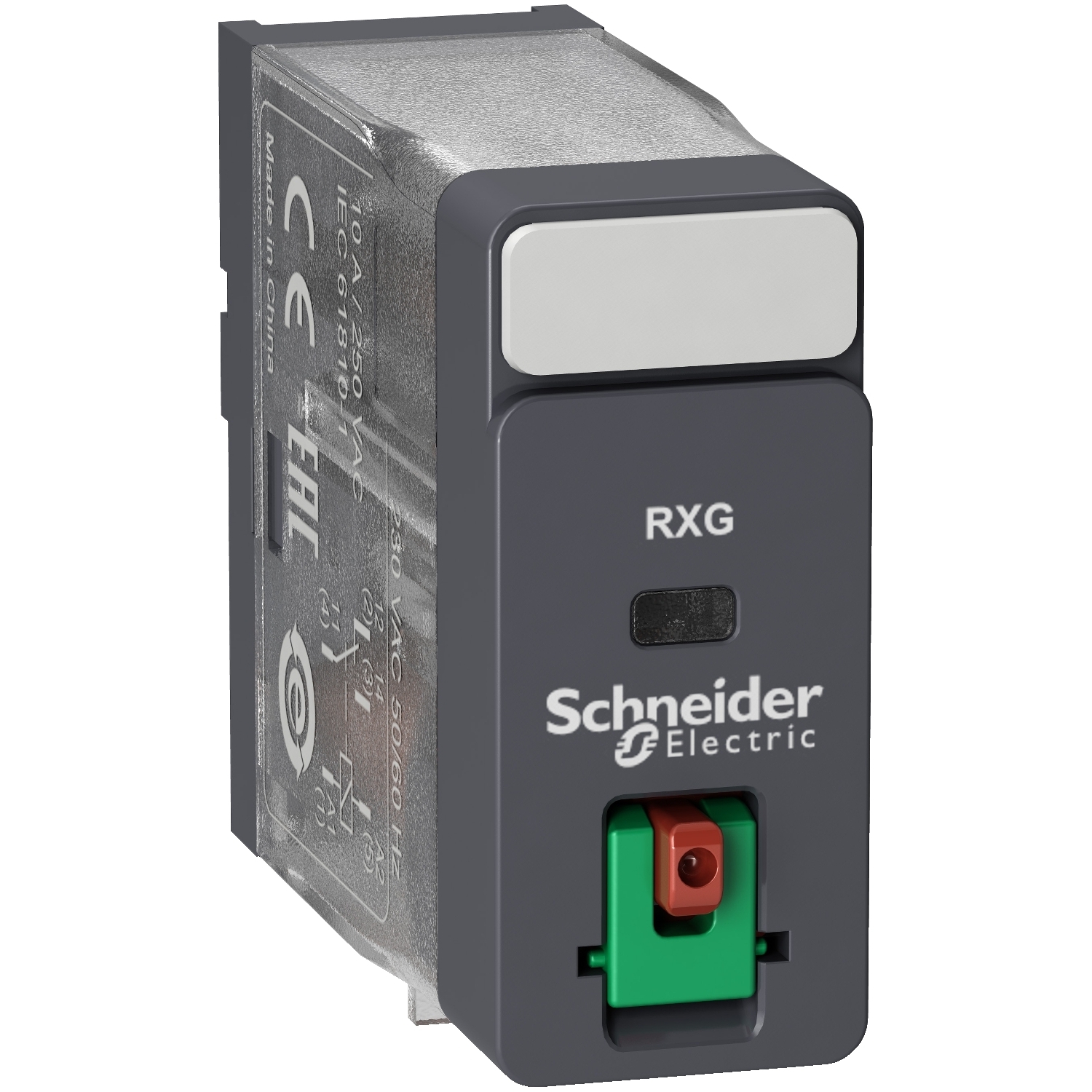 RXG11F7 Zelio Interface Plug-In Relay With Test Button and Lock-Down Door, 10 A, 1CO 1 Form C SPDT Contact, 120 VAC V Coil