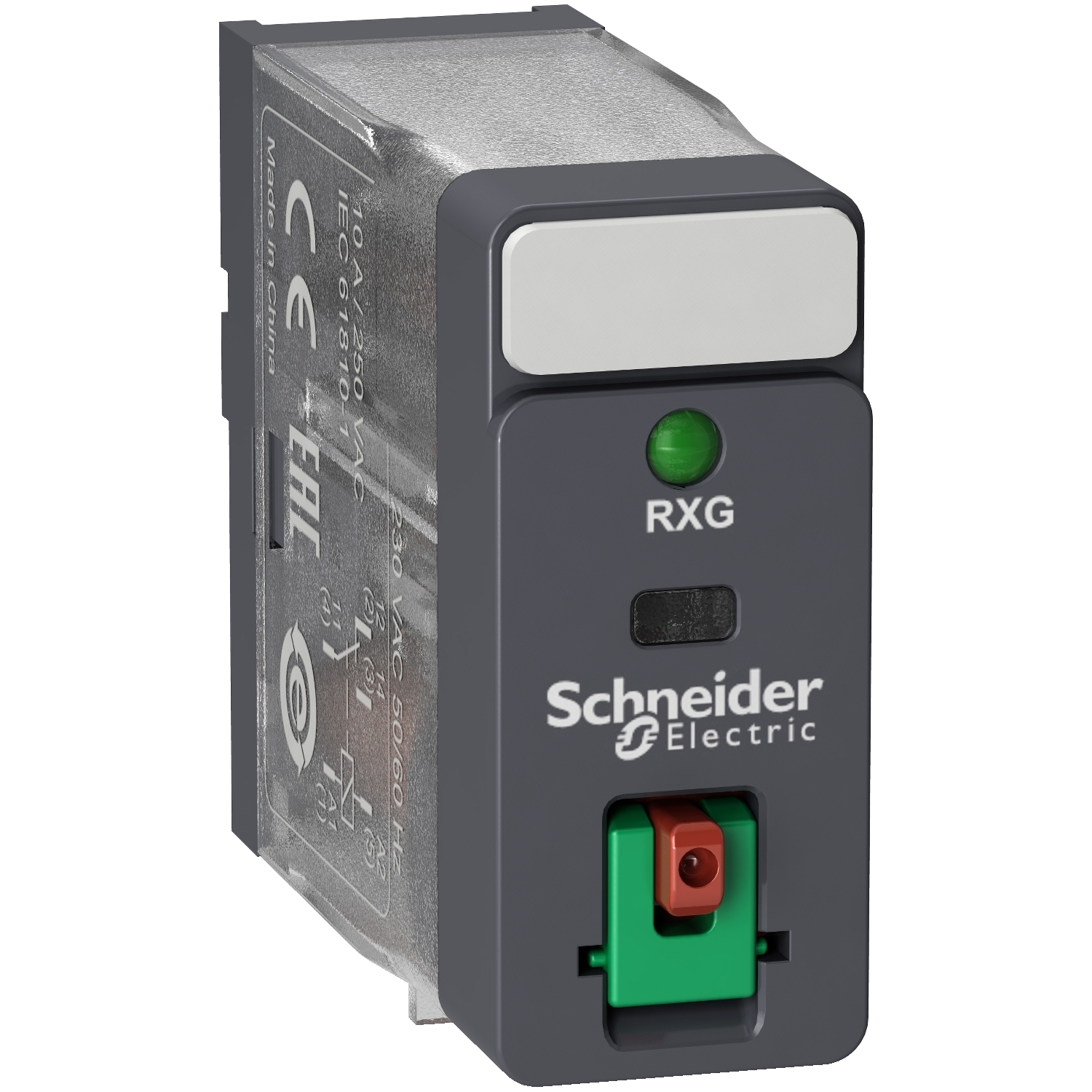 RXG12F7 Zelio Interface Plug-In Relay With Test Button and Lock-Down Door, 10 A, 1CO 1 Form C SPDT Contact, 120 VAC V Coil