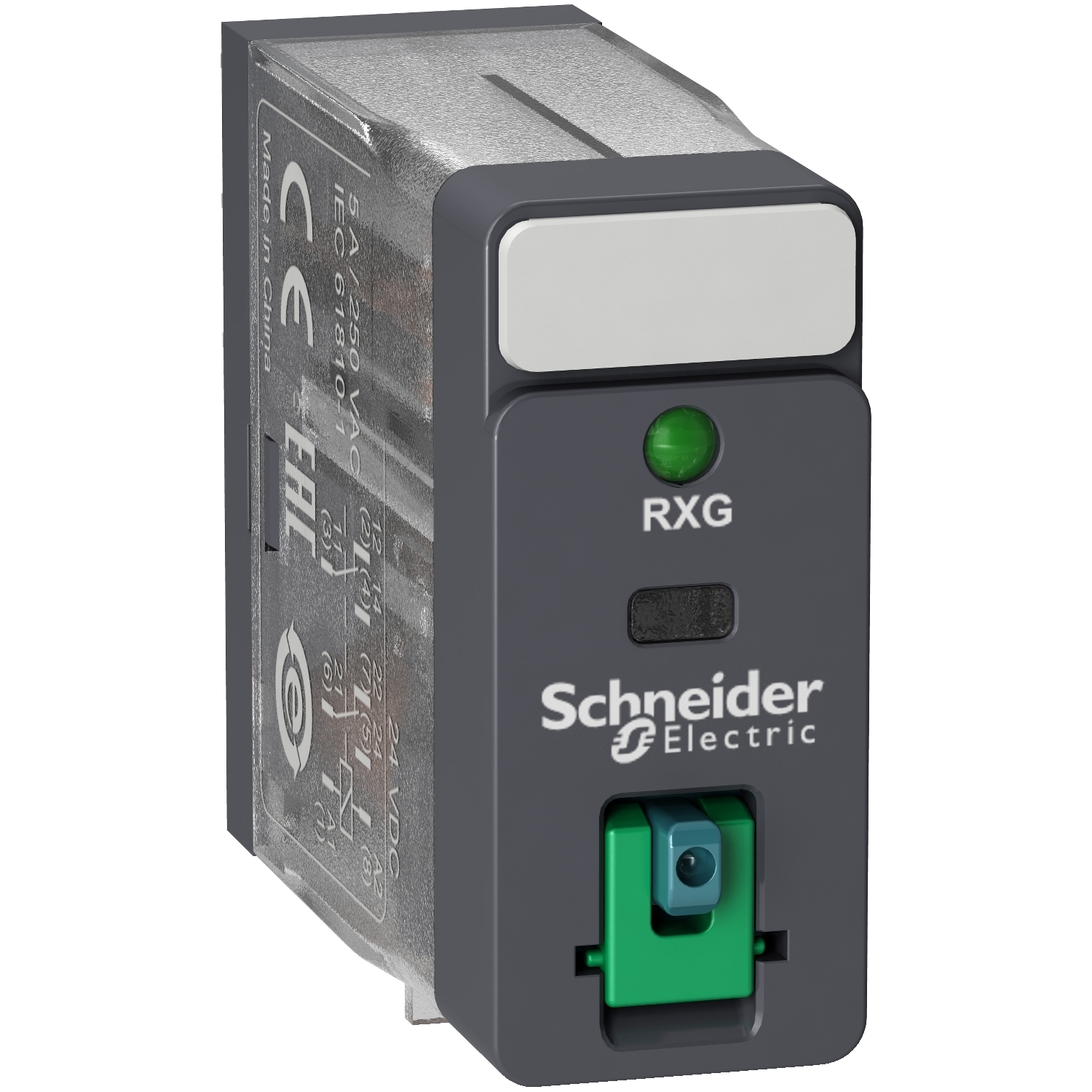 RXG22BD Zelio RXG Series Interface Plug-In Relay With Test Button and Lock-Down Door, 5 A, 2CO 2 Form C DPDT Contact, 24 VDC V Coil