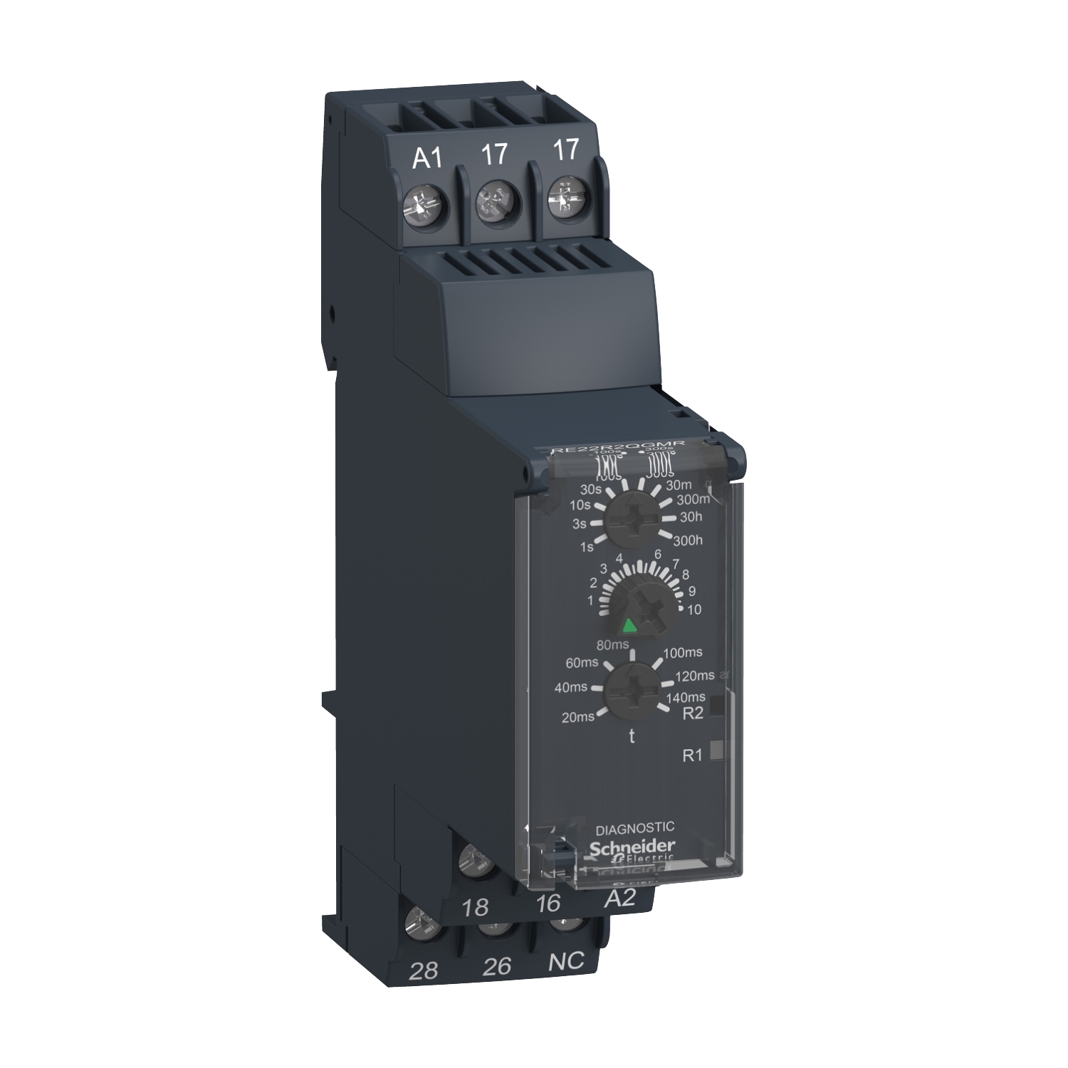 RE22R2QGMR Zelio Modular Timing Relay, 3 to 30 s, 0.05 to 1 s, 30 to 300 s, 30 to 300 min, 0.3 to 3 s, 1 to 10 s, 3 to 30 hr, 10 to 100 s, 30 to 300 hr, 3 to 30 min Setting, 250 V AC, 2CO 2 Form C Contact