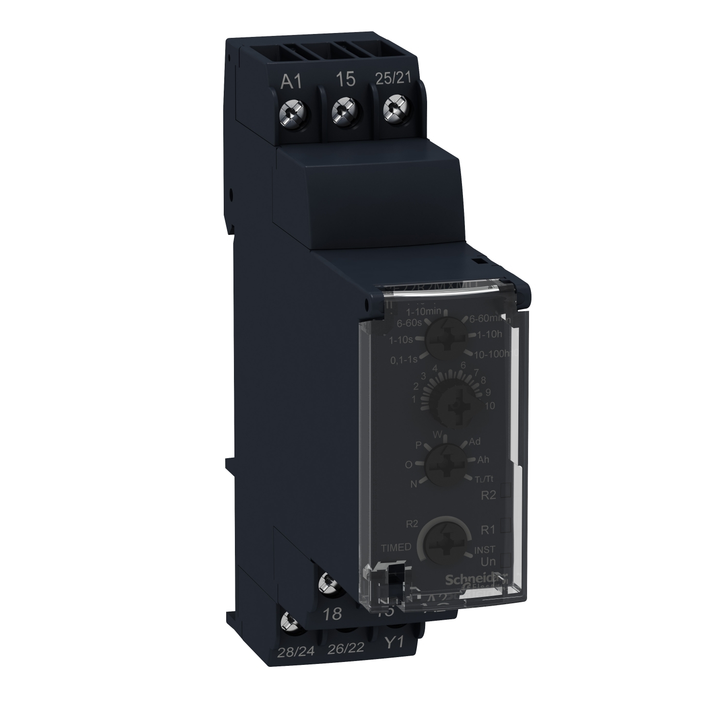 RE22R2MMW Zelio Modular Timing Relay, 0.1 to 1 s, 6 to 60 s, 1 to 10 hr, 1 to 10 min, 1 to 10 s, 10 to 100 hr, 6 to 60 min Setting, 250 V AC, 2CO 2 Form C Contact