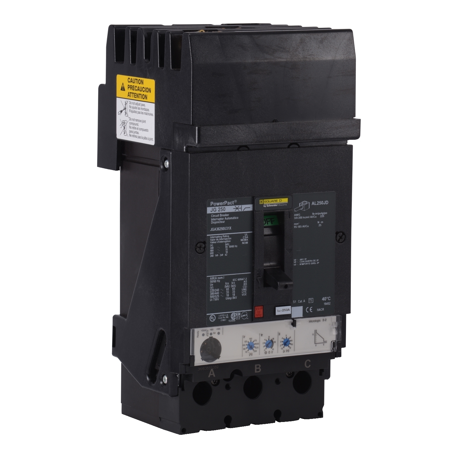 JGA34250WU31X PowerPact Molded Case Circuit Breaker, 480 V AC, 250 A, 35 kA Interrupt, 3 Poles, Electronic Trip